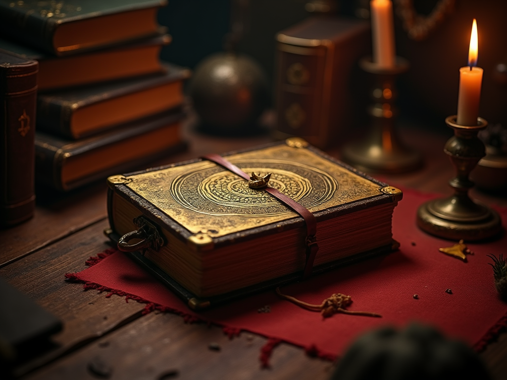 Старинная книга с золотым тиснением на столе, свеча горит рядом, в фоне стопка книг.