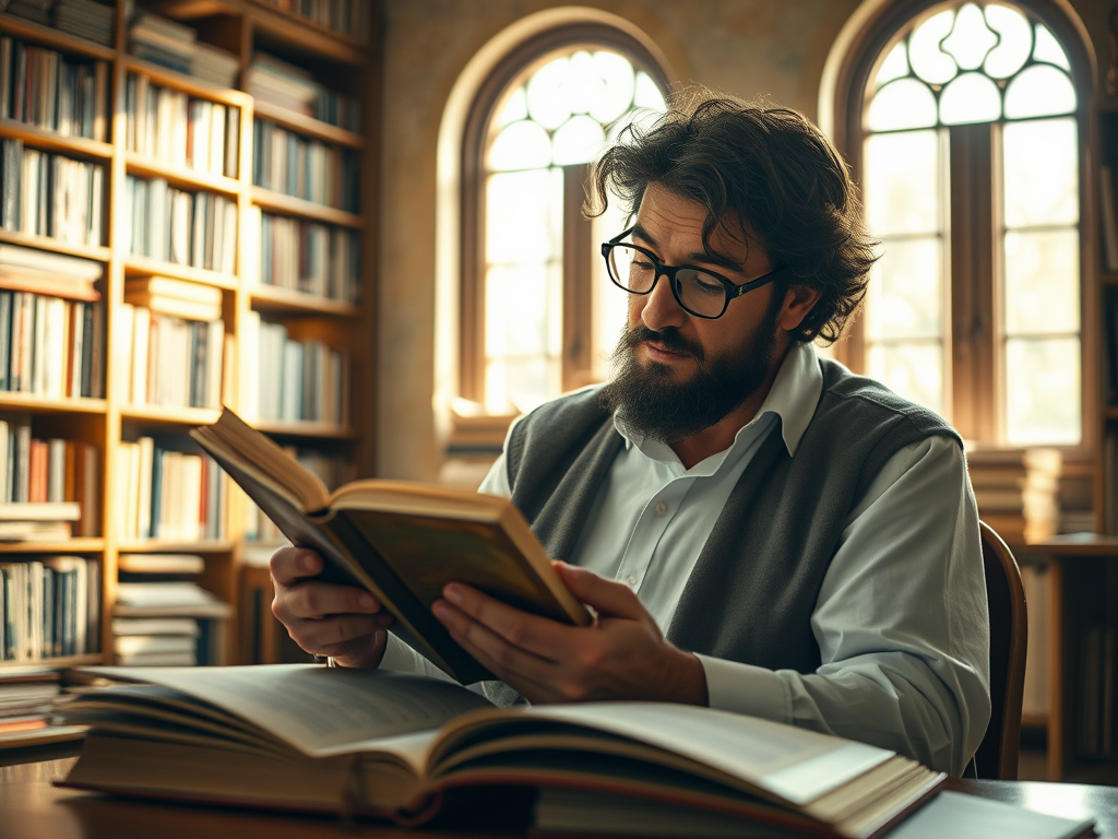 Мужчина с бородой и очками читает книгу в библиотеке, окружённый полками с книгами.