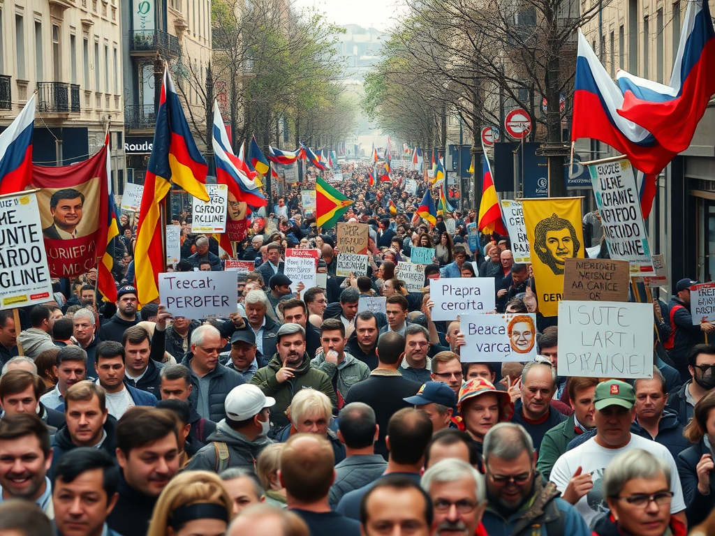 На улице многолюдный митинг с флагами и плакатами, люди протестуют за свои права и свободы.