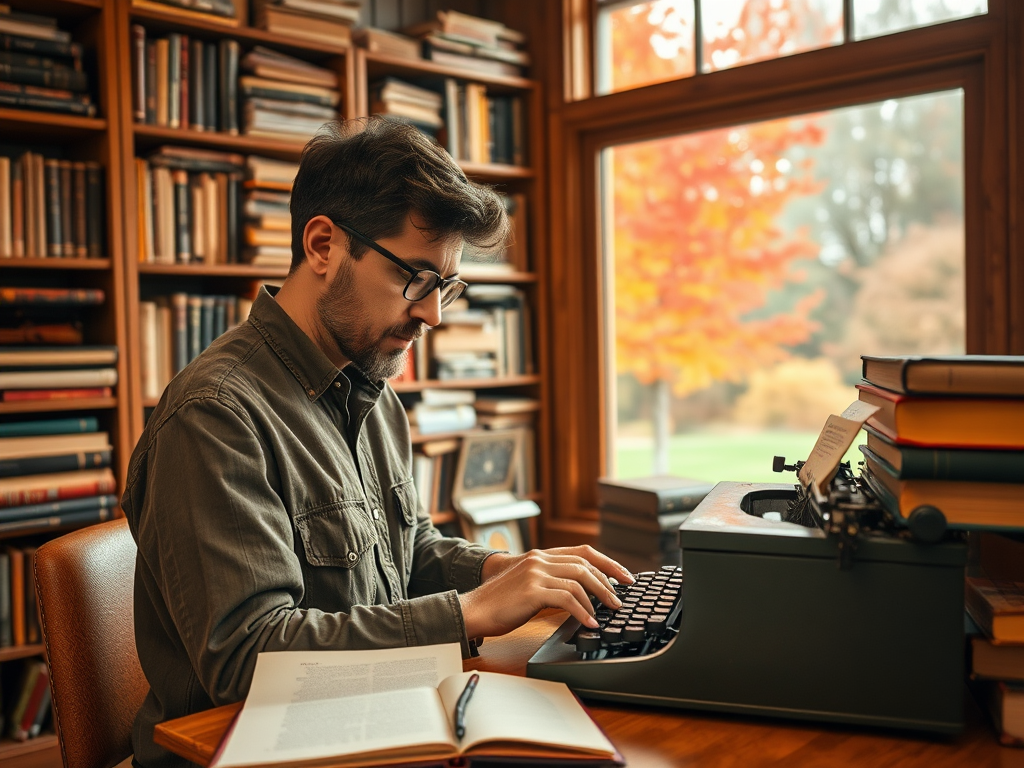 Молодой человек печатает на типwriter, окружённый книгами, с видом на осенний пейзаж за окном.