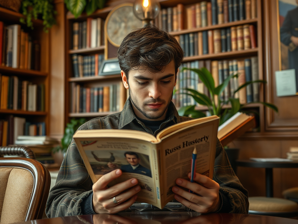 Молодой человек читает книгу о русской истории в уютной библиотеке, окружённый книгами и растениями.